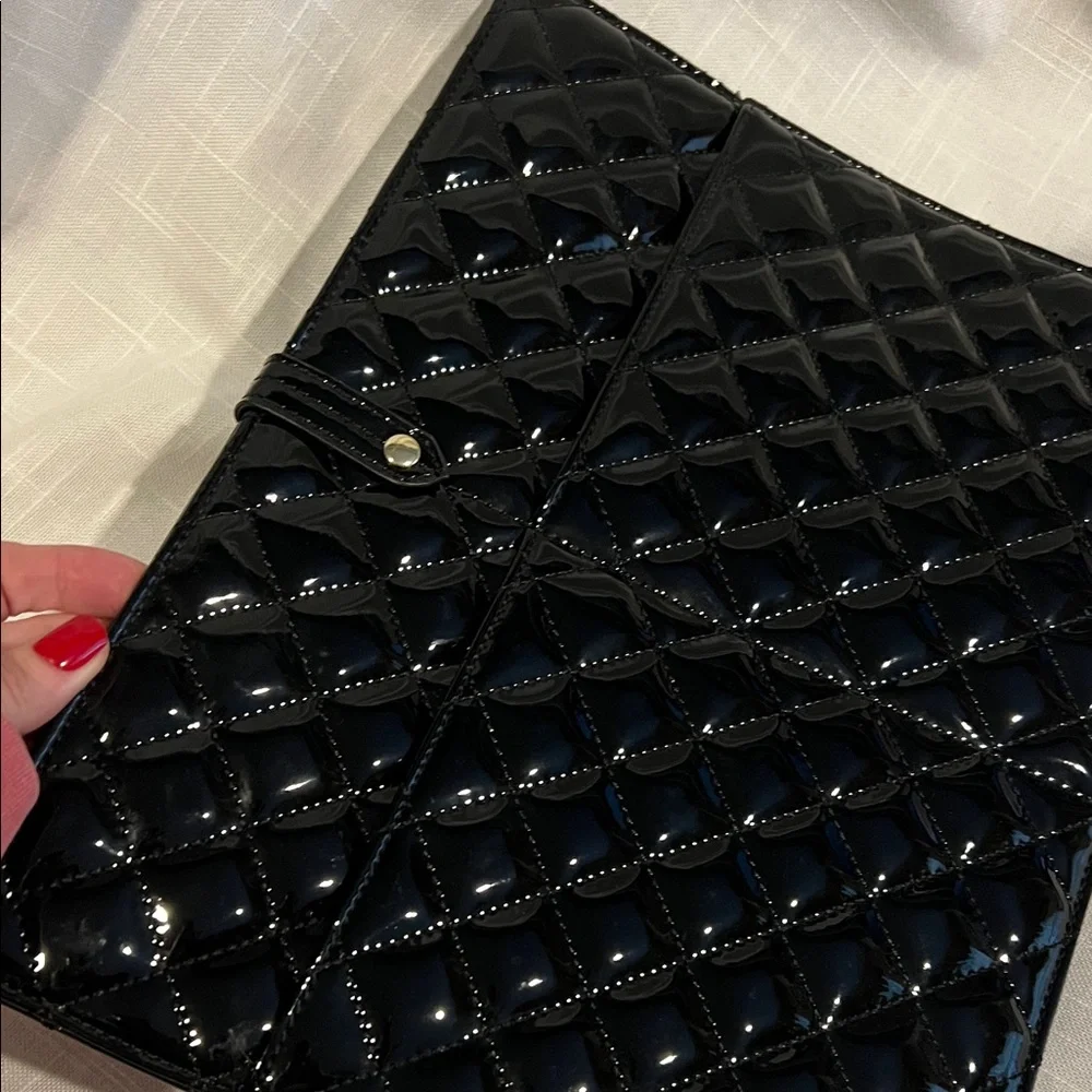 Isaac Mizrahi Black Quilted Patent Leather Clutch iPad Tablet Laptop Case Bag